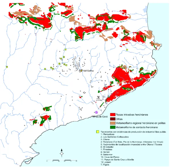 Figura 8: Mapa de distribución de los yacimientos del Neolítico medio en Cataluña respecto los afloramientos de rocas  intrusivas hercinianas, ofitas, rocas de metamorfismo regional herciniano en pelitas y de rocas de metamorfismo de  contacto herciniano, 