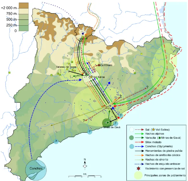 Figura 9: Ensayo sobre las redes de intercambios del Neolítico medio catalán (mapa de Alfons Fíguls,   Olivier Weller y Jean Vaquer).