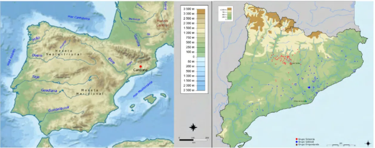 Figura 1: Situación de Cardona (mapas de Alfons Fíguls) Figure 1: Location of Cardona (maps: Alfons Fíguls)