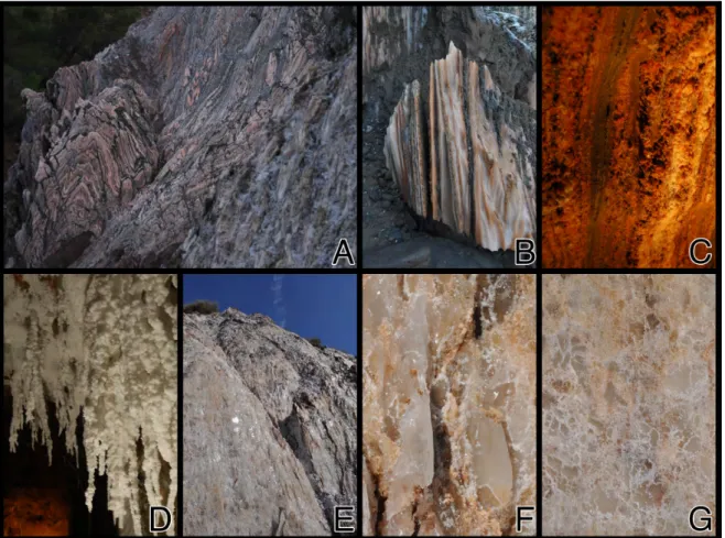 Figura 3: (A): Plegamientos en la Muntanya de Sal. (B): Capas de KCl y saponita (C): NaCl KMgCl3· 6H2O