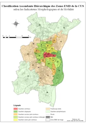 Figure 2. Classification des zones EMD de la Communauté Urbaine de Strasbourg (CUS), selon des  critères combinés de morphologie urbaine et de mobilité 