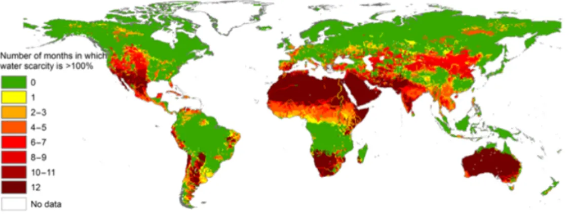 Figure I.1: Map showing areas of the world with water scarcity. Map by Mesfin M. Mekonnen and Arjen Y, 2016[189], courtesy Science Advances