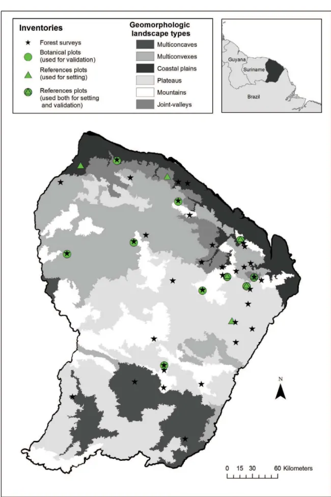 Fig. 1. Forestry surveys and botanical plots location in the main Guianese landscapes.