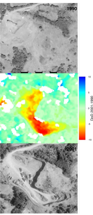 Figure 7: 3-D change associated with excavation activities in a quarry. Top: the 1990 orthophoto