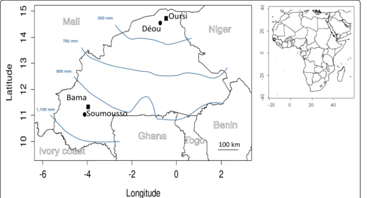 Fig. 1 Geographical localisation of the four localities where wild An. coluzzii mosquitoes were collected in northern and south-western regions of Burkina Faso (West Africa)