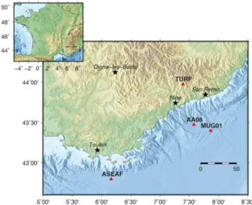 Fig. 5.  Maps of the Ligurian coast. Triangles indicate seismic stations. 