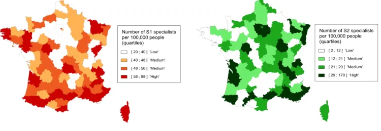 Figure 2: Specialist:population ratio at the département level for Sector 1 and Sector 2 specialists in 2010