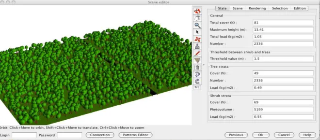 Figure  2.  The  main  window  of  the  F UEL  M ANAGER ,  containing  a  3D  visualization  of  an  Aleppo pine stand with a 10 m wide forest road, and its control panel on the right