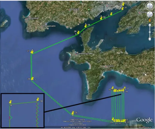 Figure 5 : Simulation de VAIMOS allant de Brest à Douarnenez. La trajectoire désirée (ligne rouges  formées par les waypoints jaunes) et la trajectoire (simulée) effective (en vert) semblent superposées