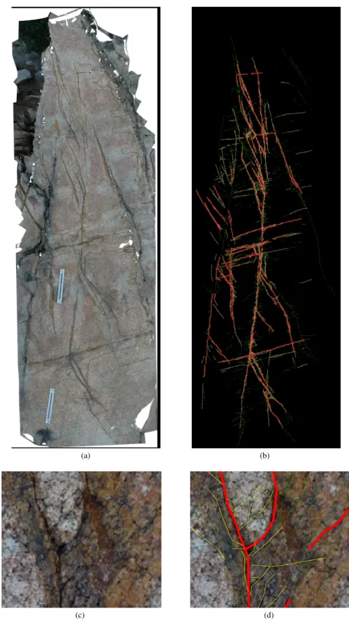 Figure 3. Optical image and manual expert annotations. (a) image of entire site; (b) annotations with major faults in red/pink and more minor faults in green; (c) patch of size 256 × 256 within input image; (d) manual annotations of the patch, with in red 