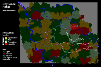 Fig. 3. Input data used to initialize the simulations: village-level administra- administra-tive area (grey), in and outflow (purple), the main rivers (light blue surfaces), the main channels (dark blue lines), and gates (green disk).