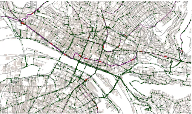 Figure 7. ESCAPE Rouen. Road network and buildings from OSM, with car (in green) and buses (in red) Localization of the population is an important issue for this type of unpredictable hazard because it greatly affects its vulnerability
