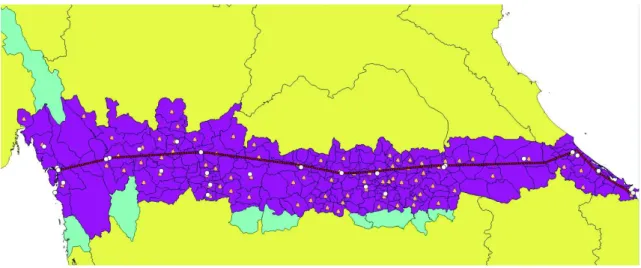 Fig. 4. Geographical representation of the Corridor with countries (yellow), provinces (green), districts (purple), cities (circles), weather stations (triangles) and the road.
