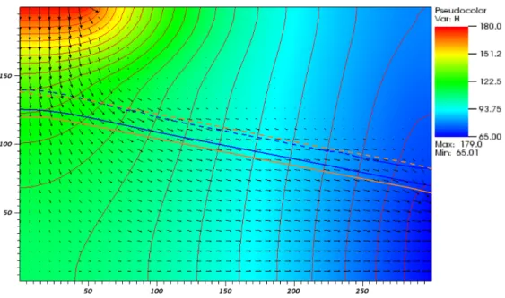 Figure 3: Numerical simulation with distributions flux and hydraulic head h