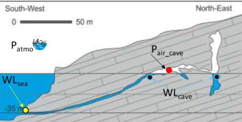 Figure  1 :  Schematic  cross-section  of  the  Cosquer  cave,  in  the  Calanques  National  Park,  Marseille, France