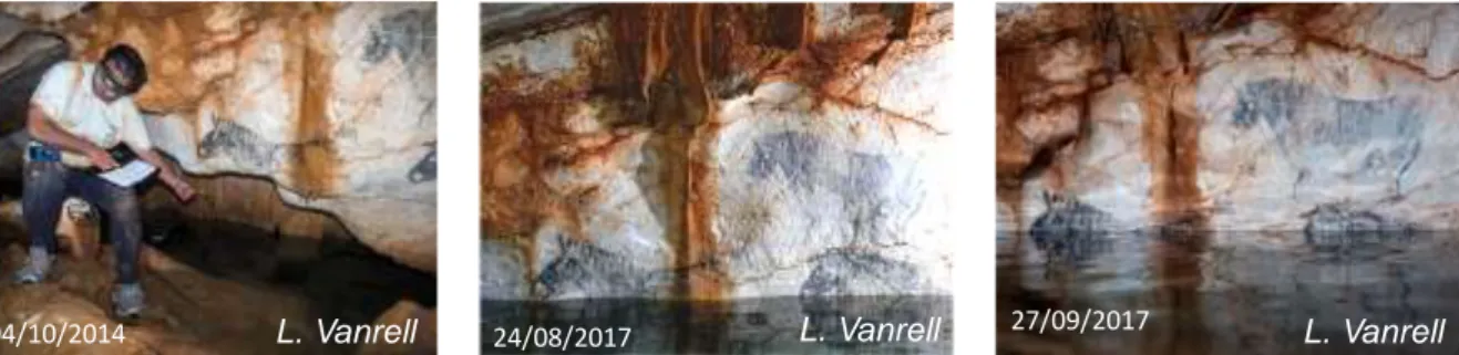 Figure 2: The water level inside the Cosquer cave at three hydrologic periods: a) 04/10/2014,  the water level is low, the air pressure inside the cave is high; b) 24/08/2017, the water level is  high, the bottom of the horses panel is flooded; c) 27/09/20