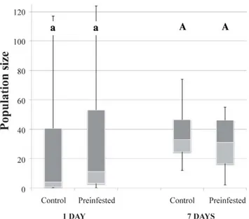 Figure 6. Aphid (A) and thrips (B) population size following pre-infestation of plants with thrips or aphids respectively