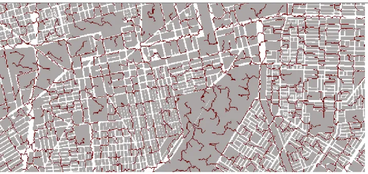 Figure 2. Hydrological streams considered as cells that drain more than 1ha, after being forced by the built- built-up areas