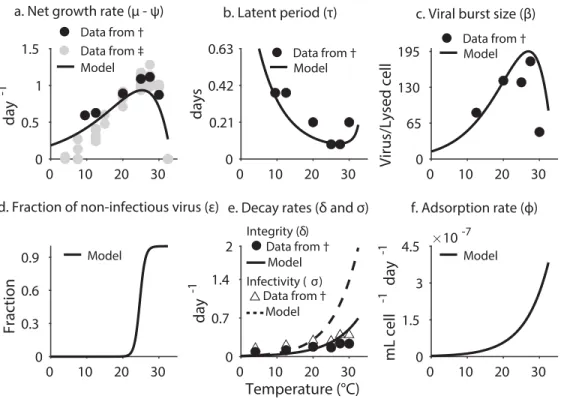 FIG. 3: Parameters as functions of temperature. Black lines represent the parameter function used in the model