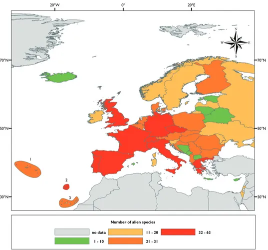 Figure 9.2.5. Comparative colonization of continental European countries and islands by Aphididae  species alien to Europe