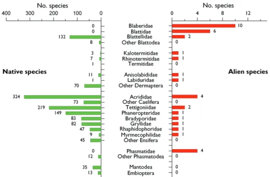 Figure 13.3.1. Relative importance of the families of Blattodea, Isoptera, Orthoptera, Phasmatodea, and  Dermaptera in the alien and native entomofauna in Europe