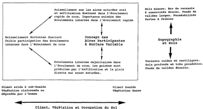 Figure  1-5 Illustration schématique de l'occurrence de divers processus de ruissellement en  relation avec leurs facteurs morphoclimatiques (d’après Dunne (1983), traduit par Fritsch 