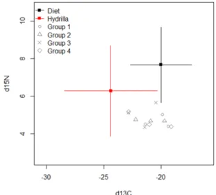 Figure  3.  Stable isotope plots of nitrogen-carbon showing isotopic signatures of  artificial diet with 26% protein level, Hydrilla verticillata  and  Procambarus clarkii  (mean ± SD)
