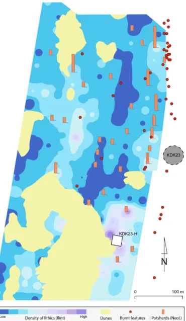 Figure 1. KDK23H, density map of surface artefacts and distribution of ‘burnt features’