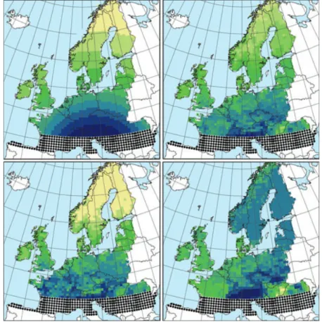 Figure  4.  Community  assembly  processes  depend  on  the  spatial  and  temporal  scales  considered:  current  geographical  patterns  of  tree  diversity  in  Europe  might  reflect  on-going  dispersal from ice age tree refugia, which started 14,000 