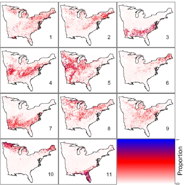 Figure  10.  Valle  et  al.  (2014)  applied  Latent  Dirichlet  Allocation  to  identify  forest  tree  assemblages in the Eastern United States, based on tree census data from 34,174 forest plots