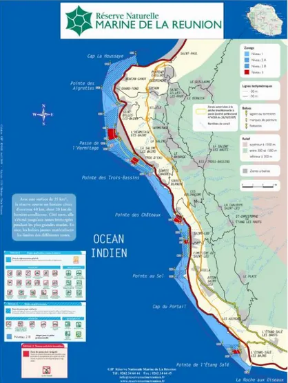Figure II.7 : Carte de la réserve naturelle marine de La Réunion  délimitant les différentes zones et niveaux de protection associés