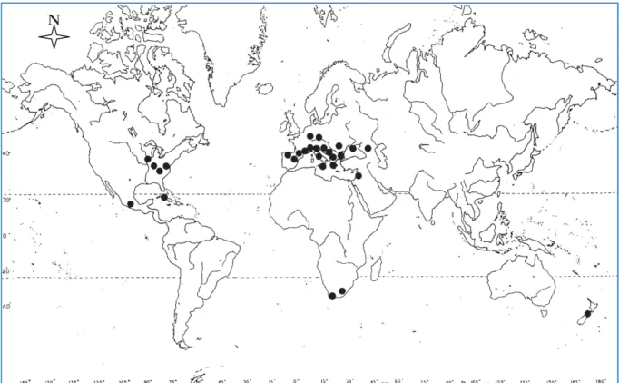 Figure 4 : Répartition des régions explorées dans le monde avant 1900. En points  noires sont représentées les localisations des principales expéditions biospéléologiques 