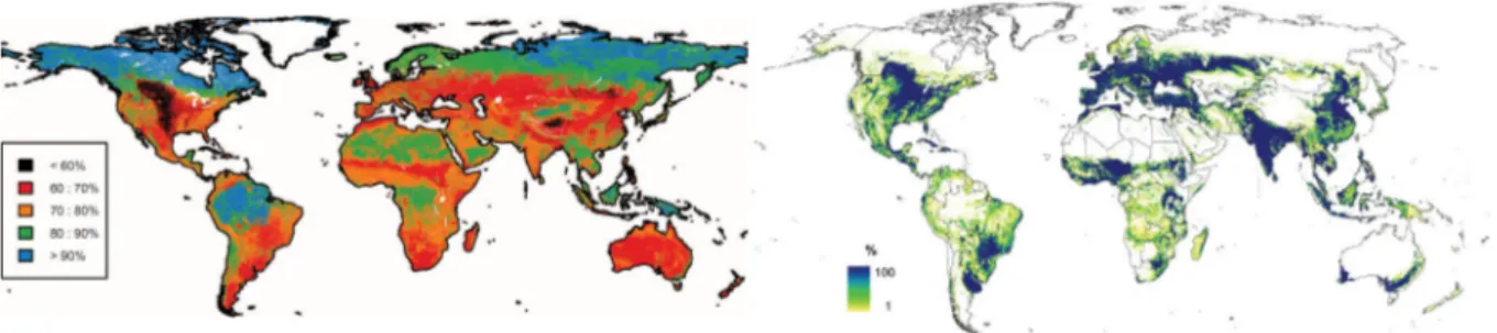 Figure 4 – Biodiversité et utilisation des terres. Pourcentage d’intégrité du nombre d’espèce présentes dans la végétation primaire (Newbold et al., 2016) (à gauche) ; pourcentage d’occupation du sol par des zones cultivées (Fritz et al., 2015) (à droite)