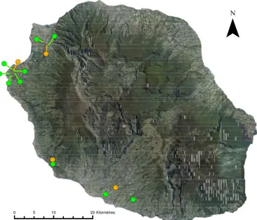 Figure 2.1 – Localisation des exploitations suivies pendant le projet Biophyto (vert et orange) et pour la thèse (vert) à La Réunion (Orthophotographies IGN 2012).