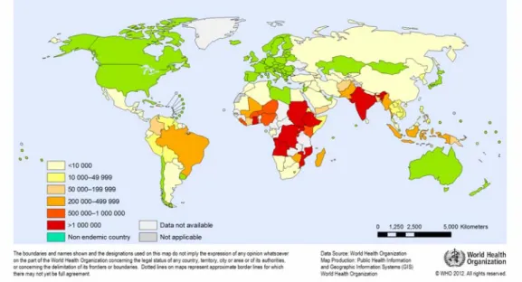 Figure 1. Nombre de cas confirmé de paludisme dans le monde en 2010. 