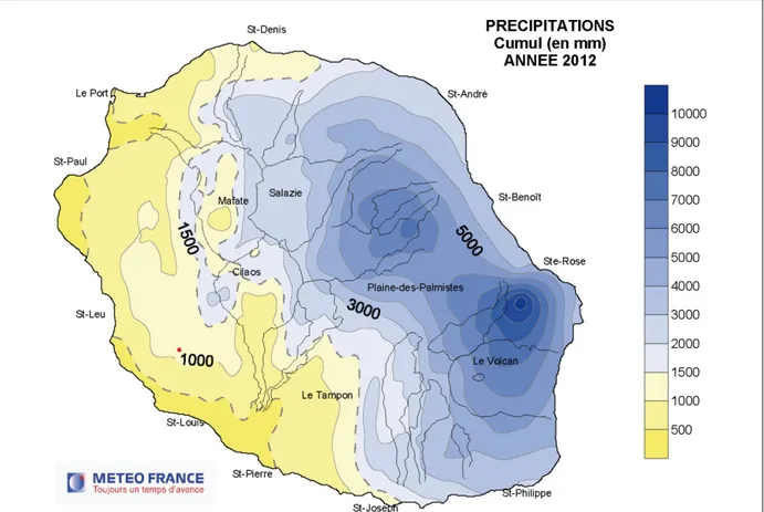 Figure 4: Carte du cumul des précipitations sur l'année 2012 à l'île de La Réunion (MeteoFrance 2012) 