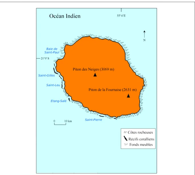 Figure  5: Situation géographique de l’île de La Réunion. Principaux biotopes littoraux sous-marins  rencontrés sur le pourtour de l’île