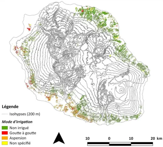 Figure 8. Modes d'irrigations de la canne à sucre à la Réunion. Source : DAAF (2013). 