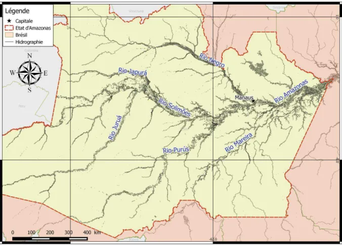 Figure 1-6 Carte des principaux fleuves affluents du Rio Amazonas dans l’état d’Amazonas 