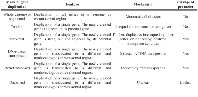 Tableau I : Différents types de duplication de genes selon Wang et al. (Wang et al. 2012) 