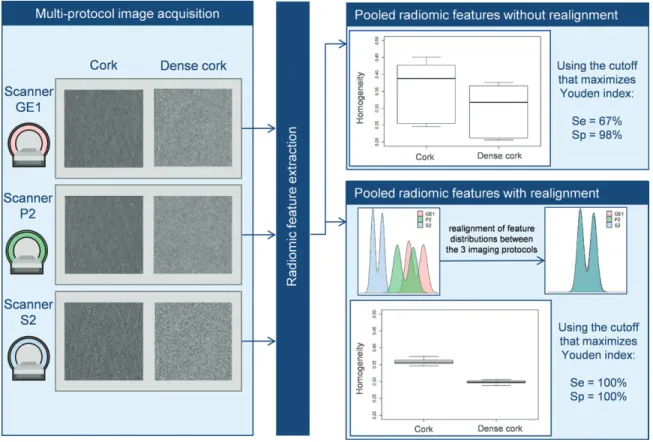 Figure 2:  Example of ComBat application in phantom experiments. Two texture patterns (cork and dense cork) were  scanned by using three different imaging protocols with 16 volumes of interest in each case (GE1, P2, S2; Table E2 [online])