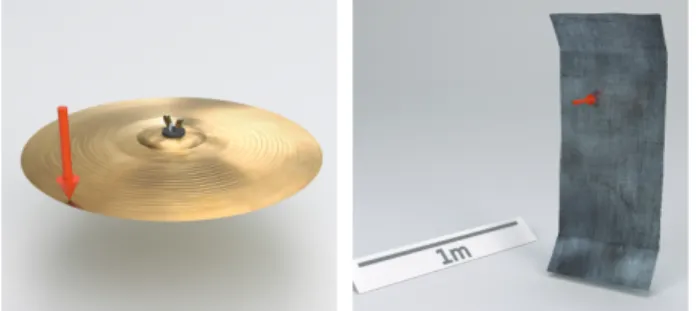Fig. 13. Turbulent shells. We simulated three shells, a cymbal (left), a gong (sea Figure 1), and a large thunder sheet, to demonstrate their very noticeable wave turbulence sound effects.