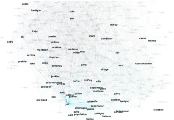 Figure 8 : Relations co-occurrenttielles de «juif » dans le réseau (sortie Gephi)