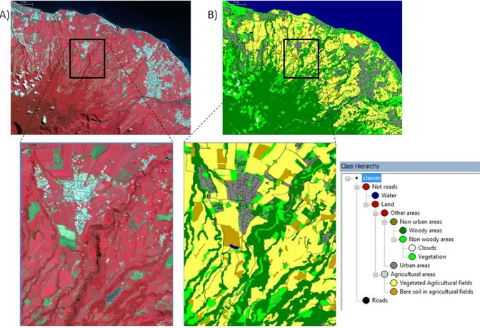 Figure 1. Input data: A) Spot5 data and B) the corresponding classification obtained though  GEOBIA on eCognition (urban areas are in grey)