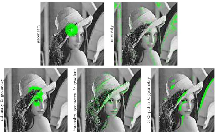 Figure 2: Influence of the feature space. The pixels in green are the 500 nearest neighbors of the pixel marked with the white cross