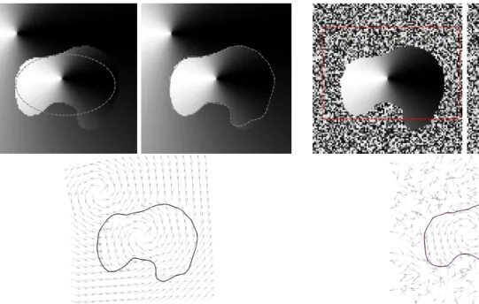Figure 10: Segmentation of a rotation domain on a random background: (from left to right and top to  bot-tom) the initial contour superimposed on the image of the first component of the vector field, the final  con-tour on the same image, and the final con