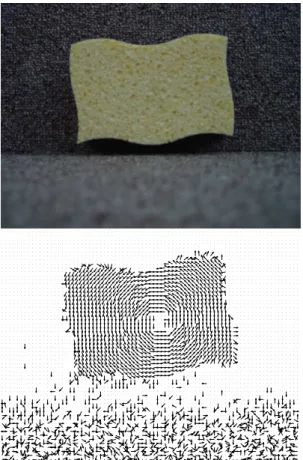 Figure 12: Segmentation of the optical flow superim- superim-posed on the image of the sponge before rotation  (ini-tialization (top) and solution (bottom)).