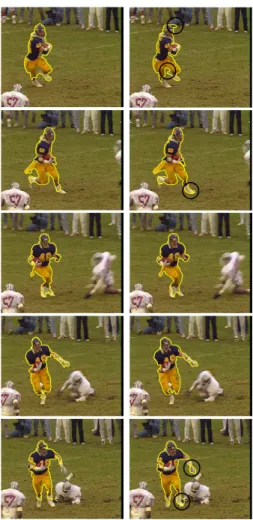 Figure 9: Tracking on sequence ‘Soccer’: comparison between the global motion approach (first column) and the local motion approach (second column) on frames 162, 172, 182, 192, and 202