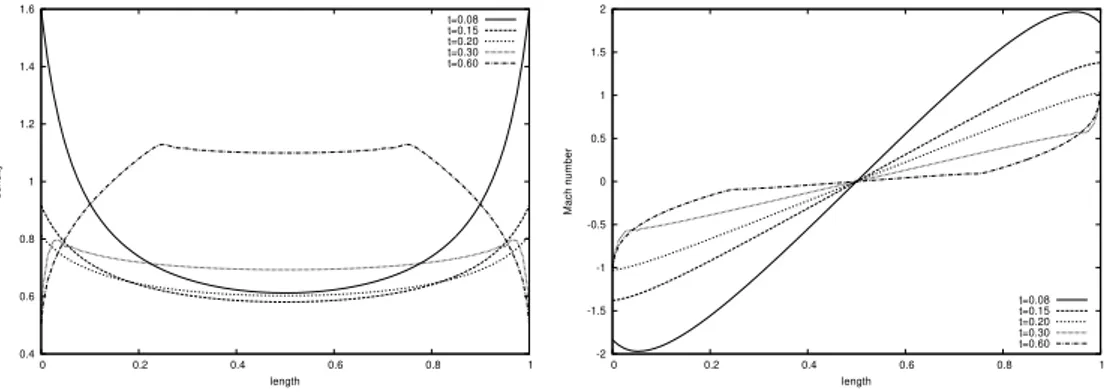 Figure 2: Density and Mach number at different times. Computation done with K = 20 elements and a polynomial degree p = 6