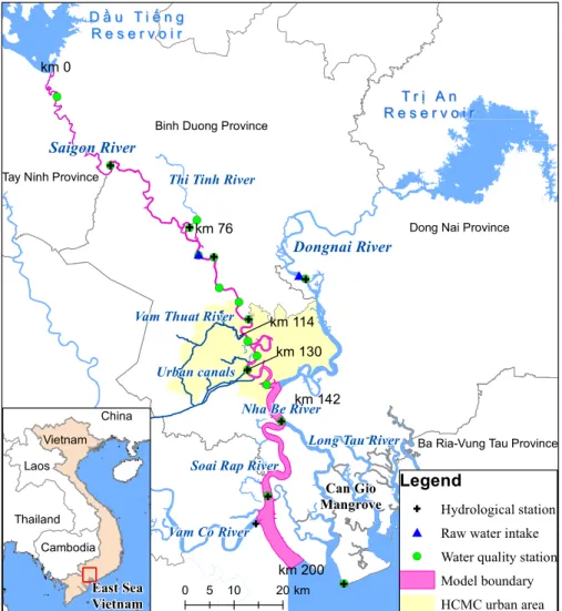 Figure 1. Map and model domain of Saigon River Estuary and monitoring stations 